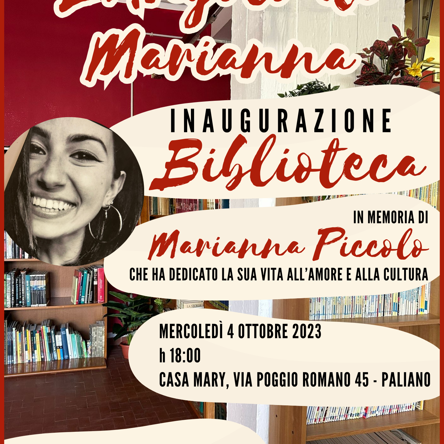 locandina inaugurazione biblioteca l’angolo di marianna